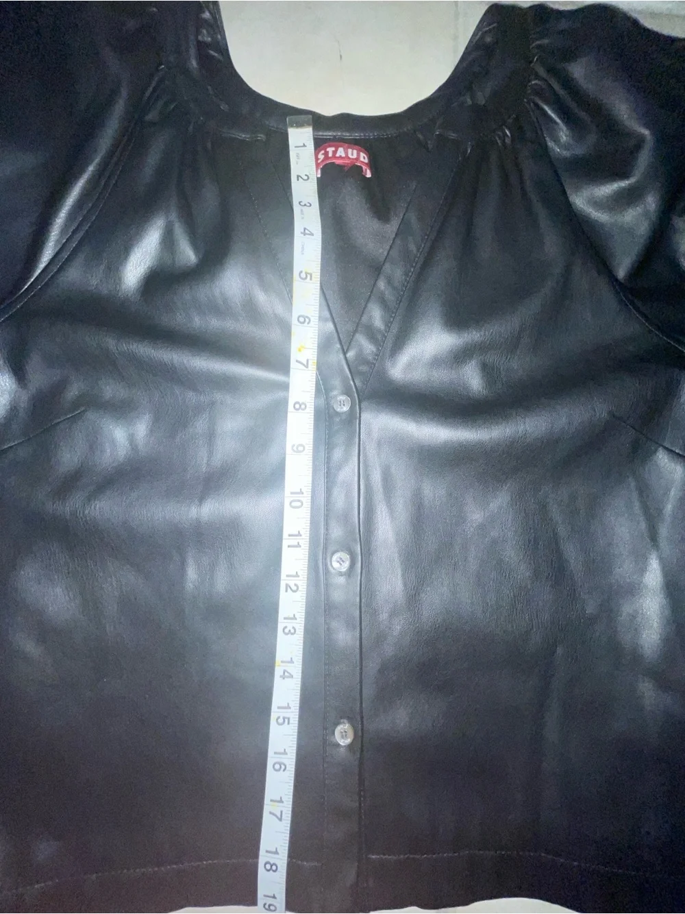 STAUD Black Dill Faux Leather Puff-Sleeve Buttoned Top M